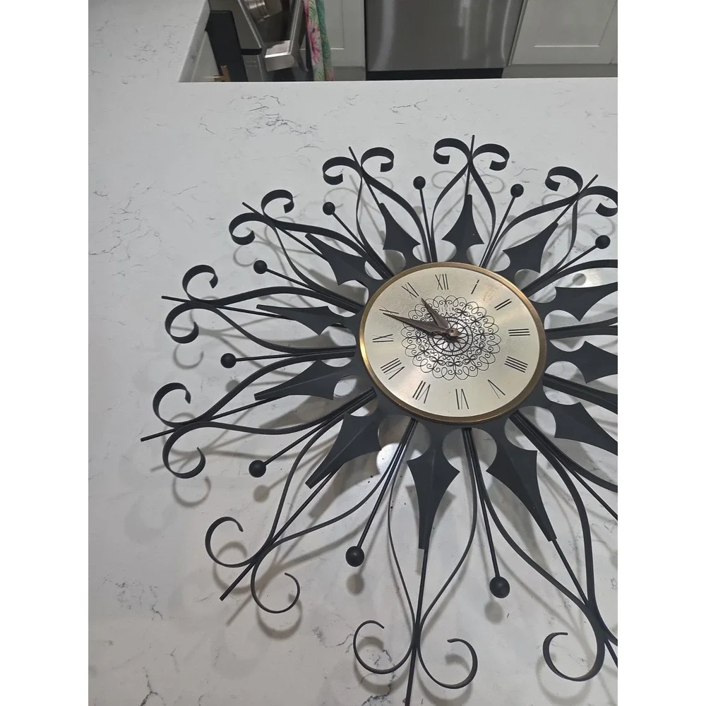 Elgin Mid Century Modern Black Wrought Iron Vintage Starburst Clock (working)